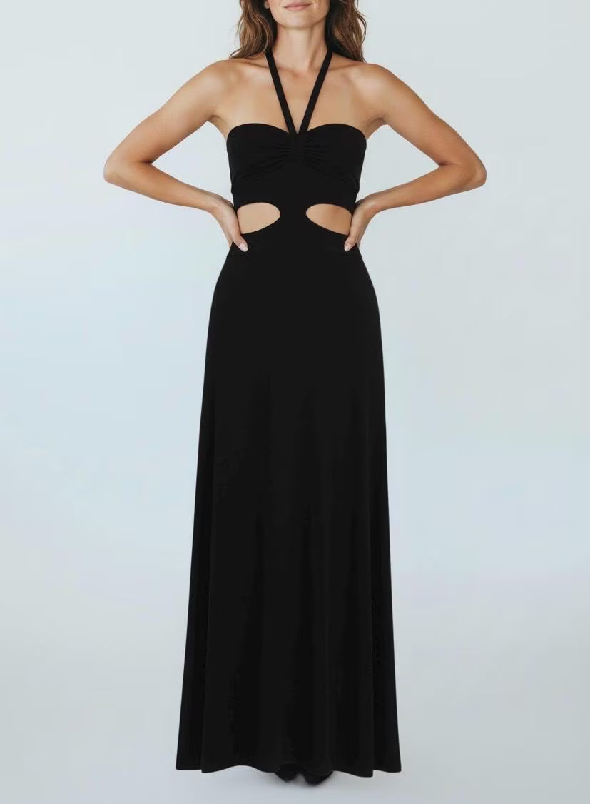 Halter Black Maxi Dress with Cut Outs - Handmade