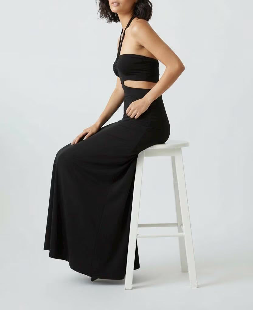 Halter Black Maxi Dress with Cut Outs - Handmade
