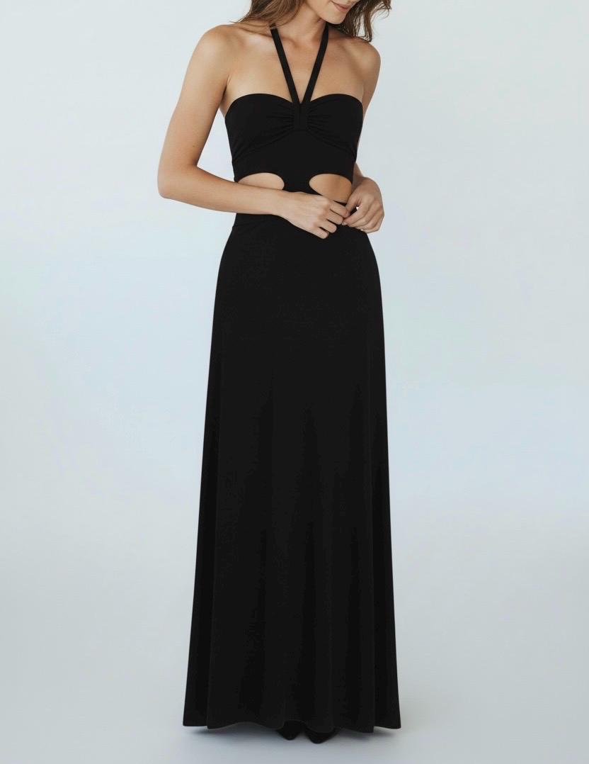 Halter Black Maxi Dress with Cut Outs - Handmade