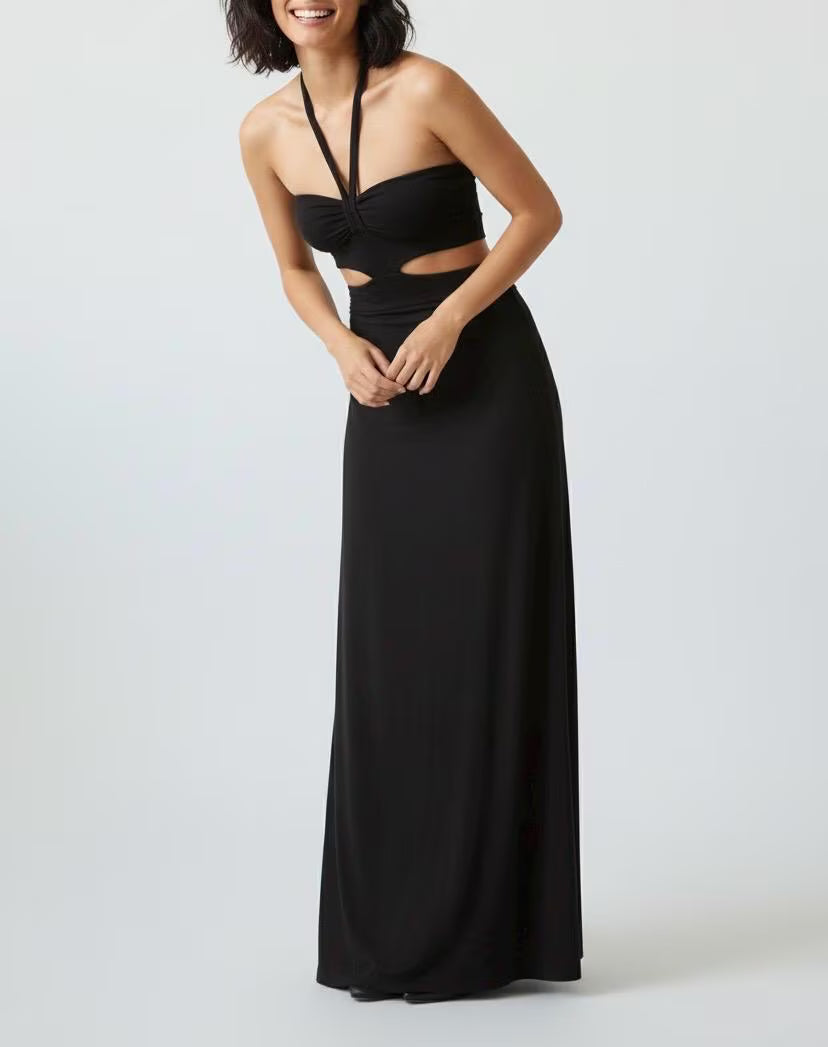 Halter Black Maxi Dress with Cut Outs - Handmade