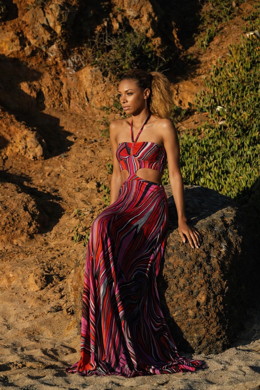 Psychedelic Halter Maxi Dress: Cut Out Knit Gown