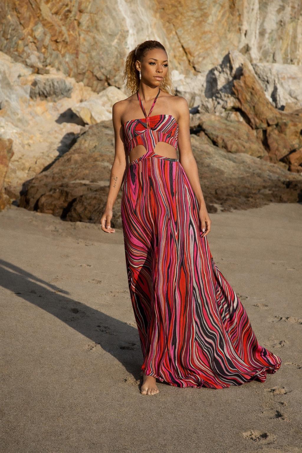 Psychedelic Halter Maxi Dress: Cut Out Knit Gown