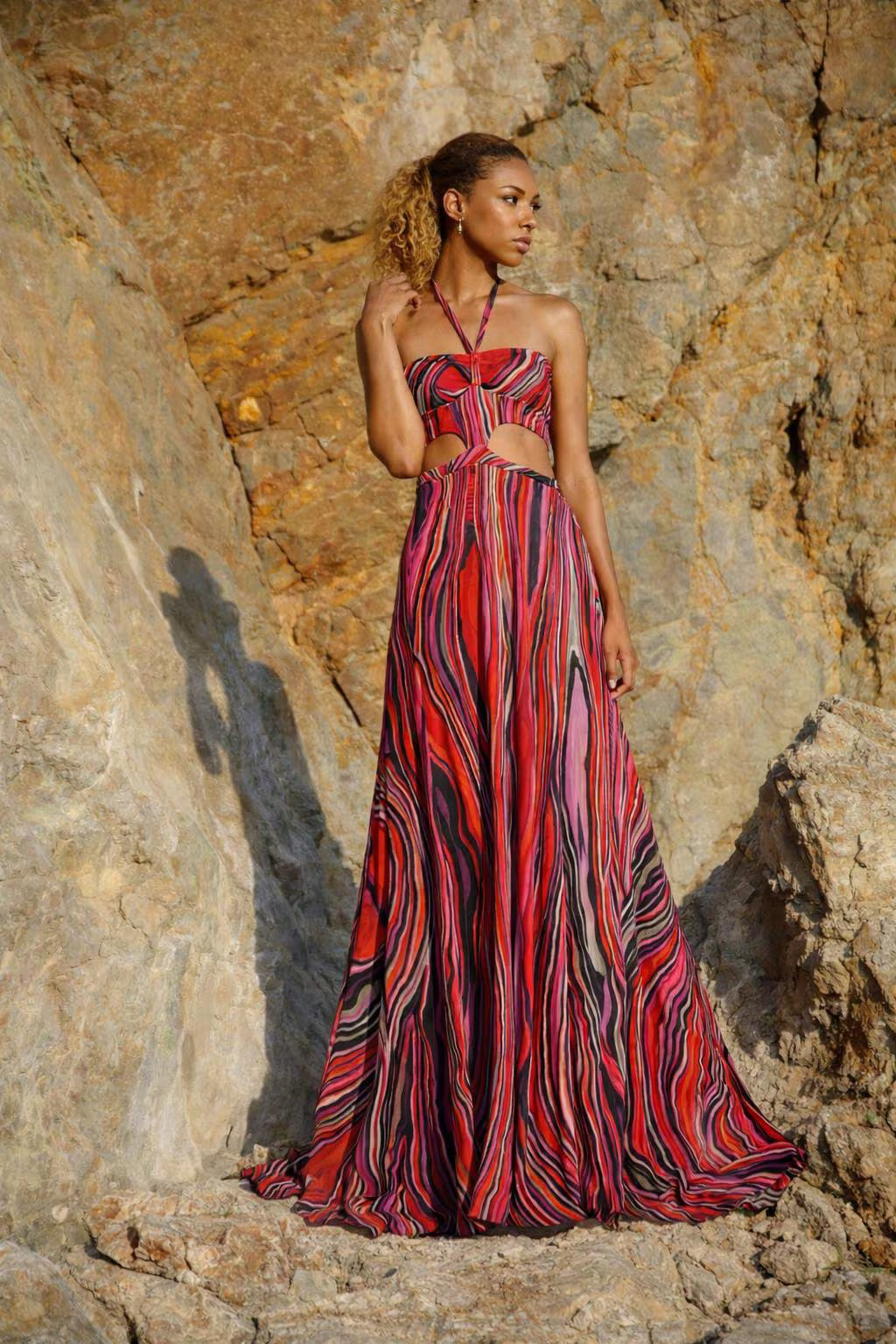 Psychedelic Halter Maxi Dress: Cut Out Knit Gown