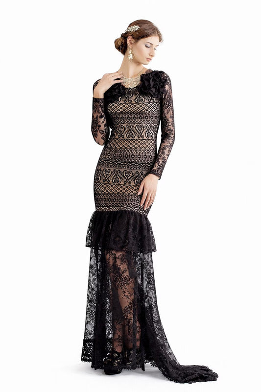 Black Lace Maxi Gown: Handmade Flamenco Ballroom Dress - Size Small