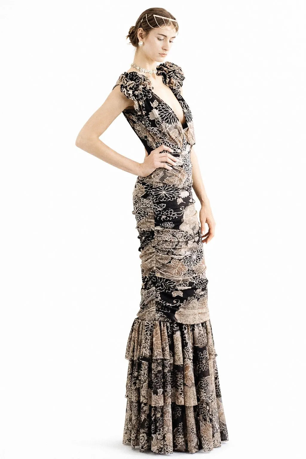 Emily Rosette Shoulder Ruffle Mermaid Gown-Size S/M