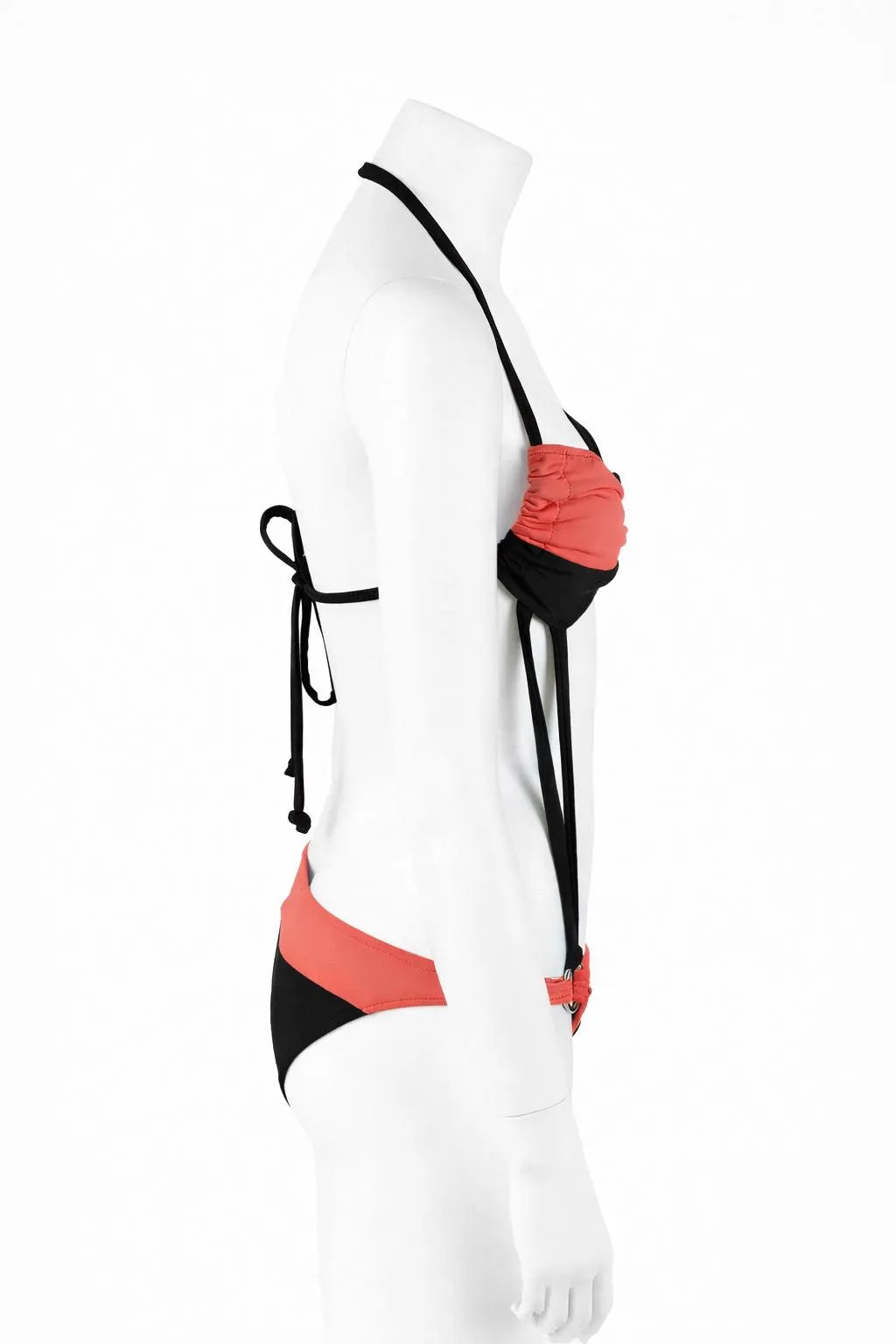 Ring Detail Bikini Set | Designer Cut-Out Swimsuit | Black & Coral Halter Bikini | Modern Resort Swimwear