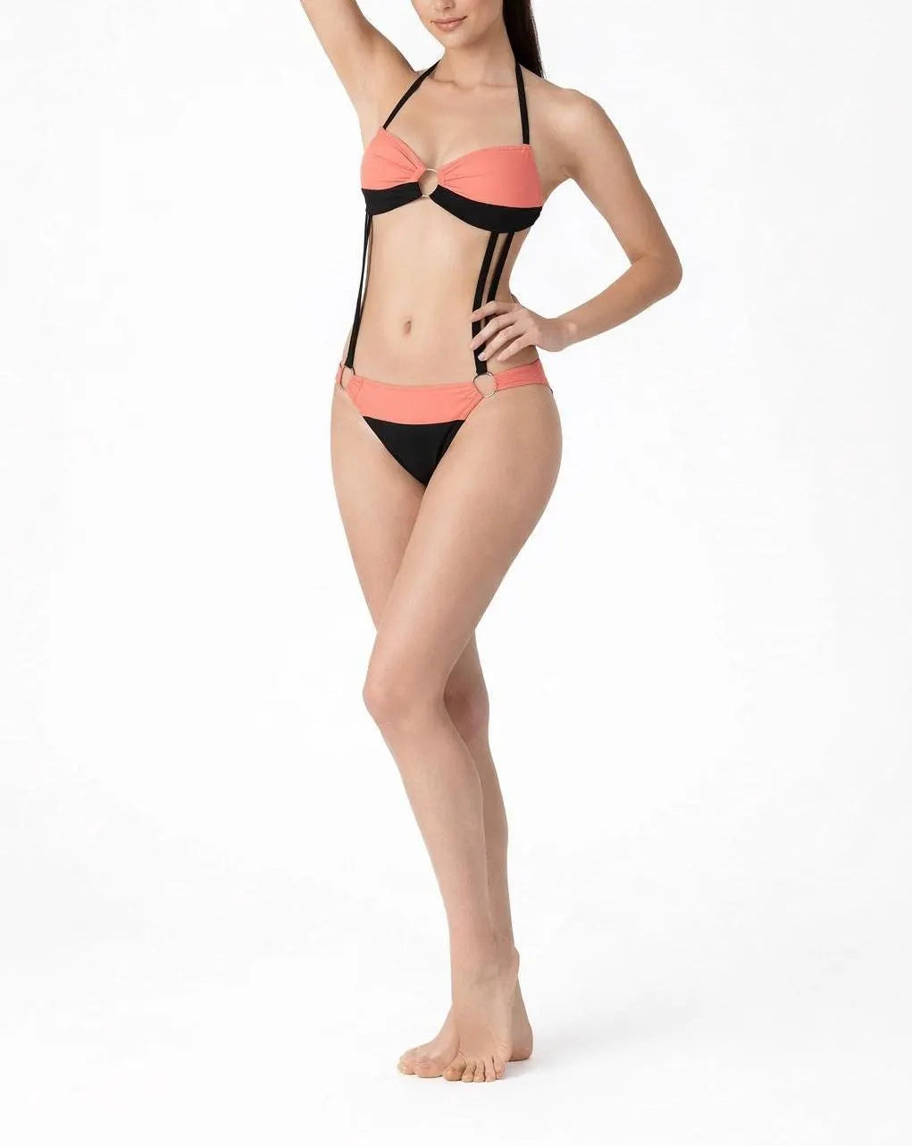 Ring Detail Bikini Set | Designer Cut-Out Swimsuit | Black & Coral Halter Bikini | Modern Resort Swimwear