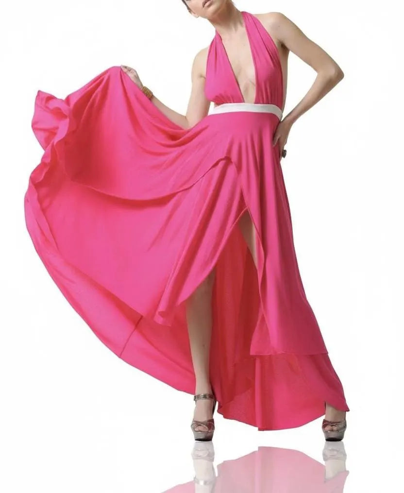 Pink Halter Maxi Dress with High-Low Ruffle Hem | Deep V Neck Evening Dress | Elegant Flowy Formal Gown | Resort & Event Wear