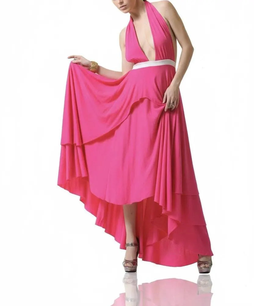 Pink Halter Maxi Dress with High-Low Ruffle Hem | Deep V Neck Evening Dress | Elegant Flowy Formal Gown | Resort & Event Wear