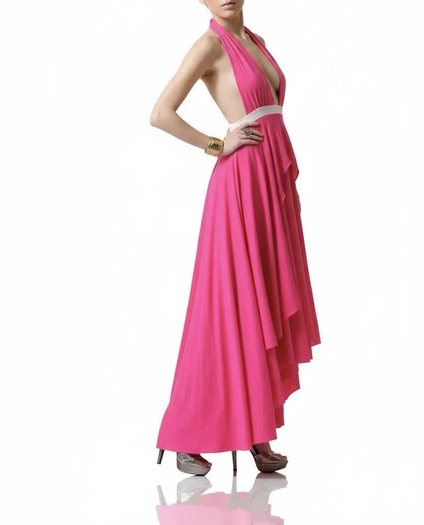 Pink Halter Maxi Dress with High-Low Ruffle Hem | Deep V Neck Evening Dress | Elegant Flowy Formal Gown | Resort & Event Wear