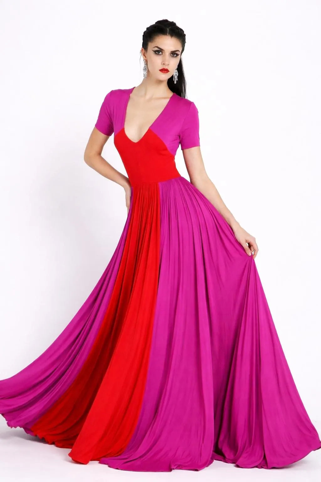 Colorblock Maxi Dress: Red & Fuchsia, Handmade Rayon Blend