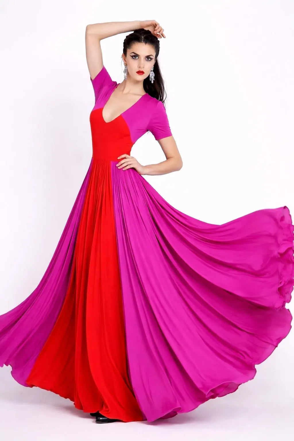 Colorblock Maxi Dress: Red & Fuchsia, Handmade Rayon Blend