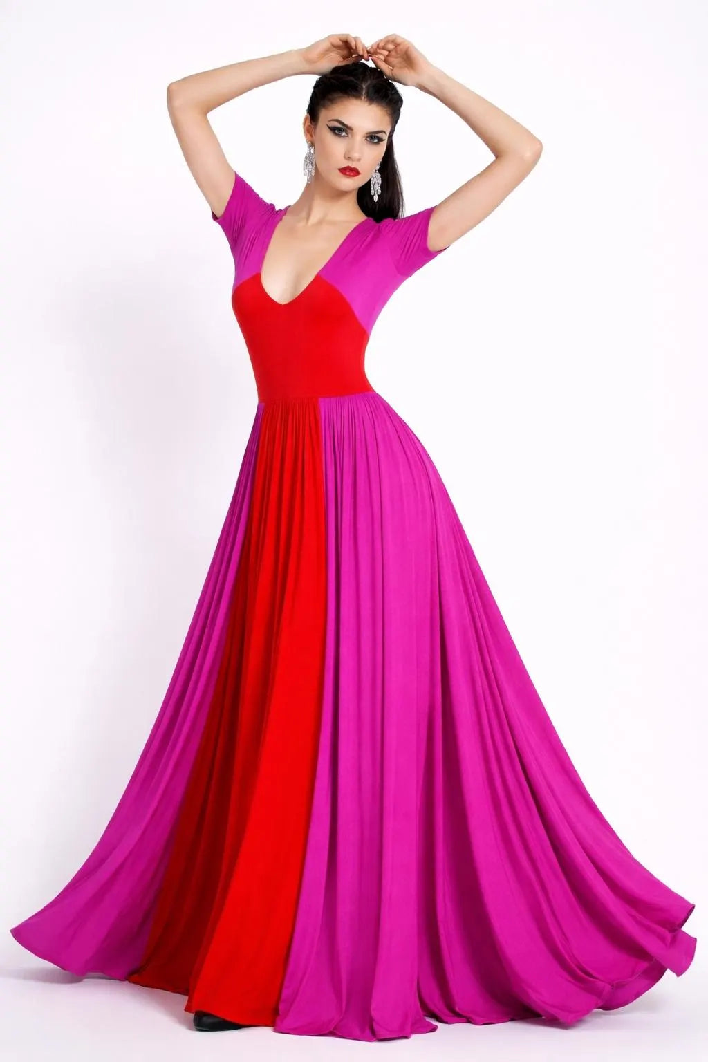 Colorblock Maxi Dress: Red & Fuchsia, Handmade Rayon Blend