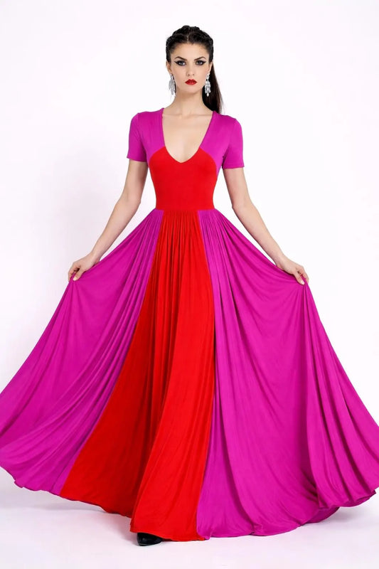 Colorblock Maxi Dress: Red & Fuchsia, Handmade Rayon Blend