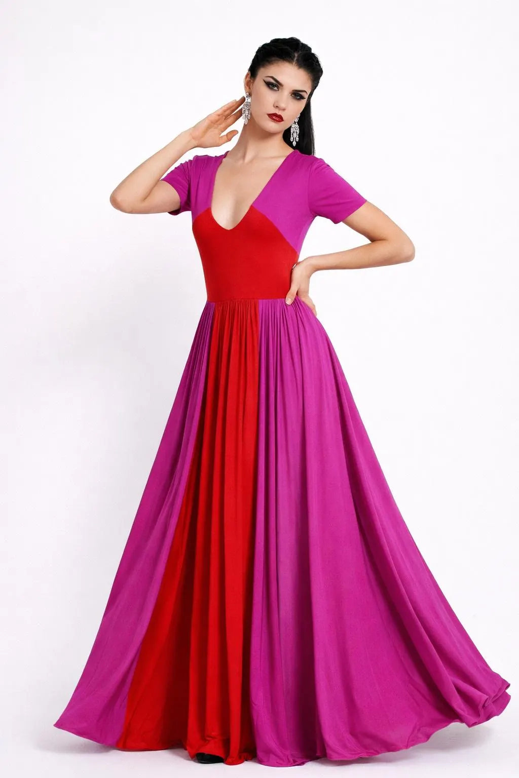 Colorblock Maxi Dress: Red & Fuchsia, Handmade Rayon Blend