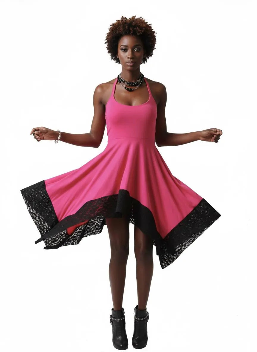 Halter Handkerchief Dress with Lace Hem - Hot Pink Handmade Midi