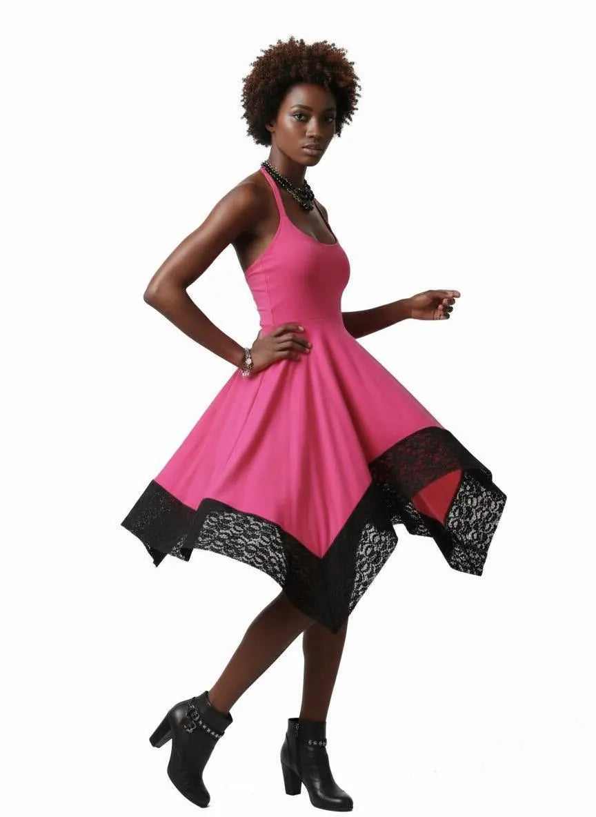Halter Handkerchief Dress with Lace Hem - Hot Pink Handmade Midi