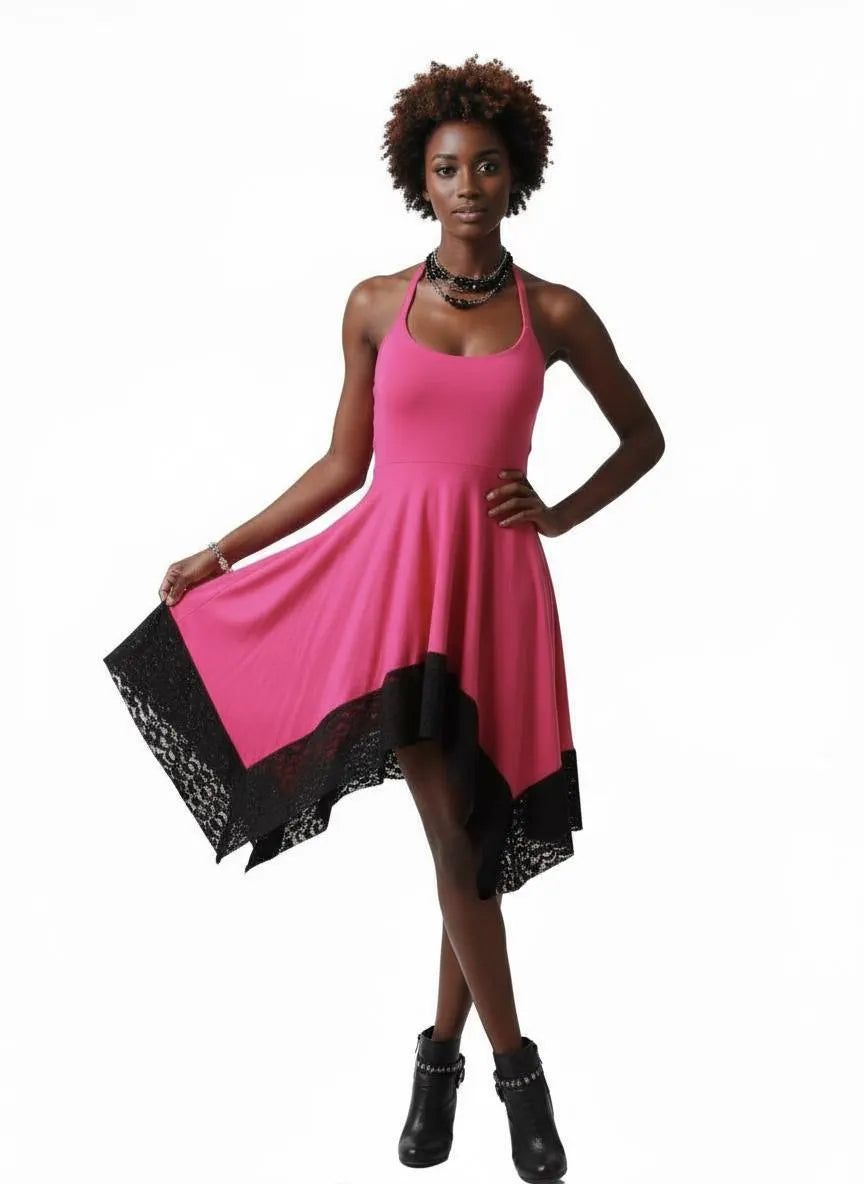 Halter Handkerchief Dress with Lace Hem - Hot Pink Handmade Midi