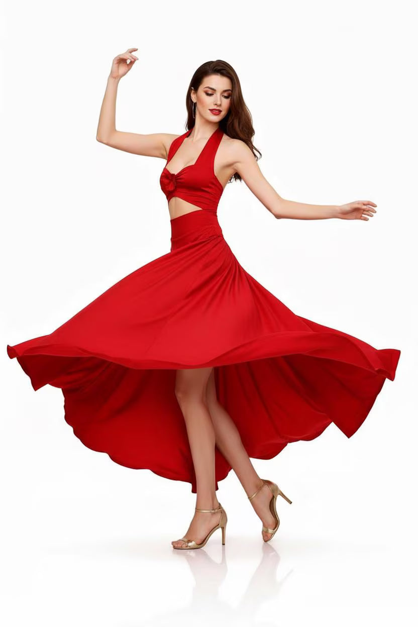 Red Halter Salsa Dress: Cut Out Asymmetrical Hem Dance Dress