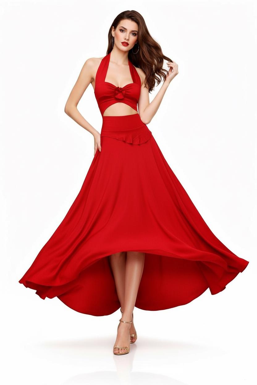 Red Halter Salsa Dress: Cut Out Asymmetrical Hem Dance Dress