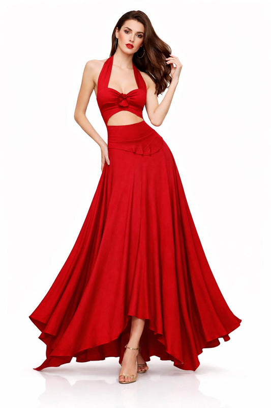 Red Halter Salsa Dress: Cut Out Asymmetrical Hem Dance Dress