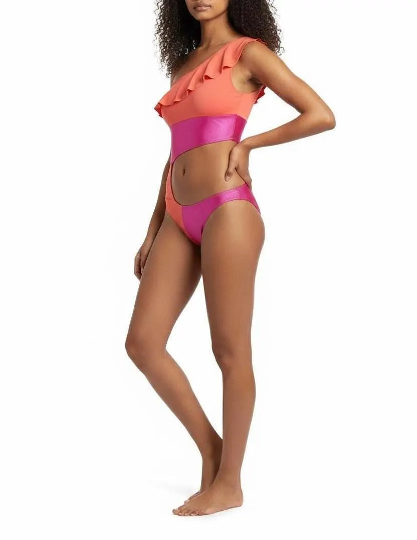 PASSION Asymmetrical one shoulder Ruffle Cutout Swimsuit