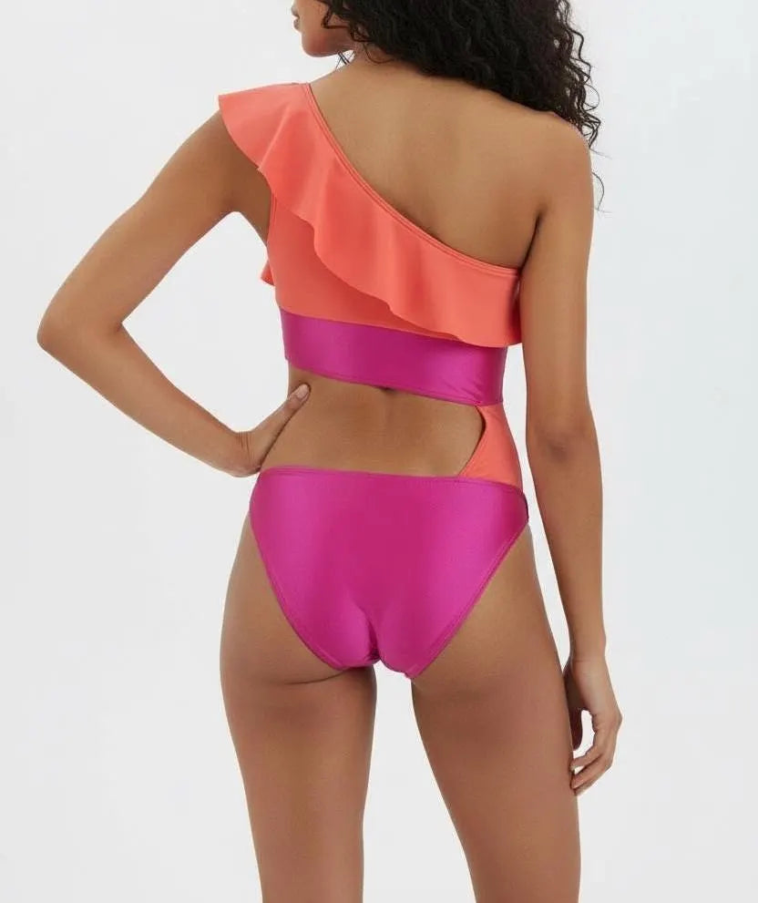 PASSION Asymmetrical one shoulder Ruffle Cutout Swimsuit