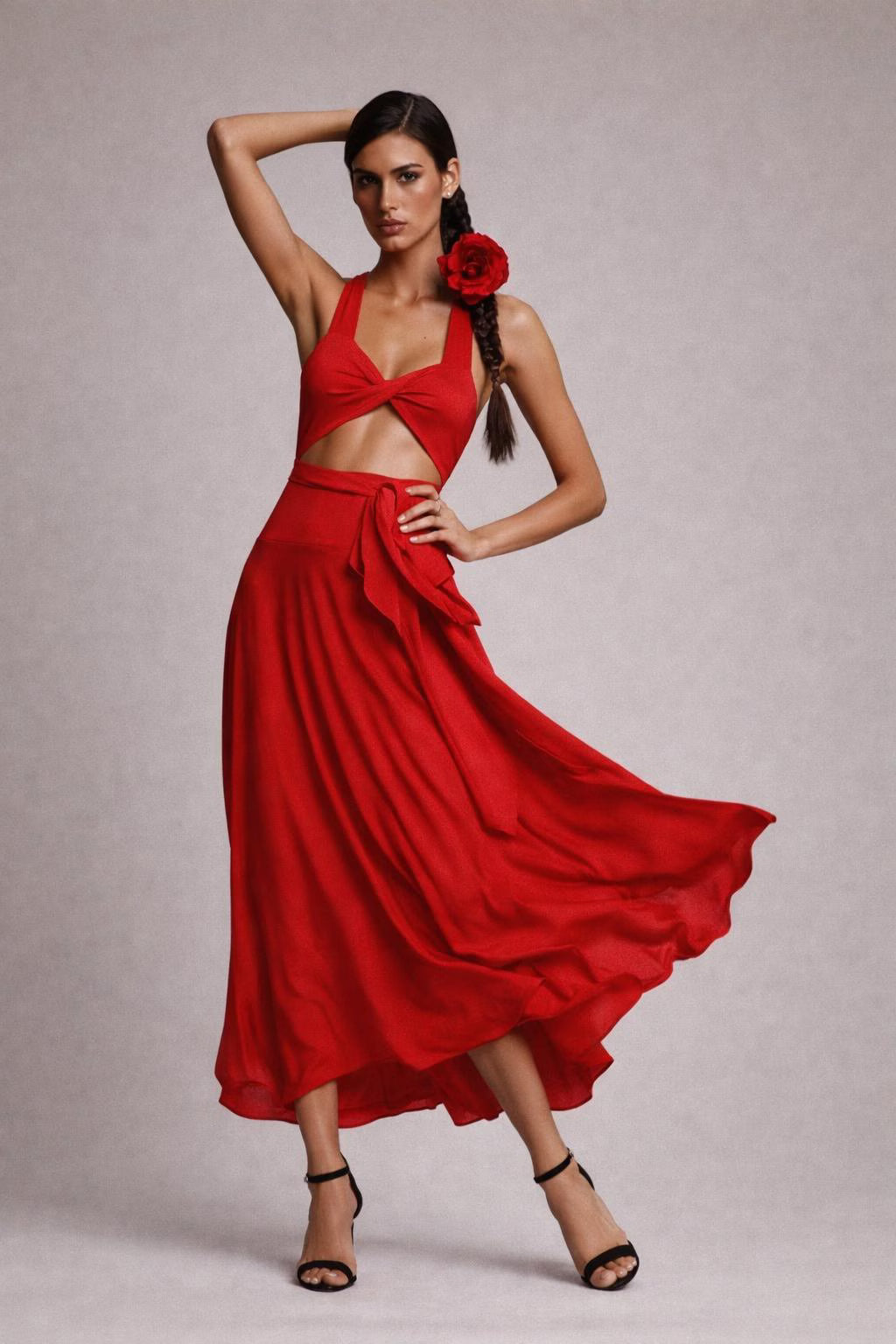 Twisted Bust Red Maxi Dress: Multi-Way USA Made Gown