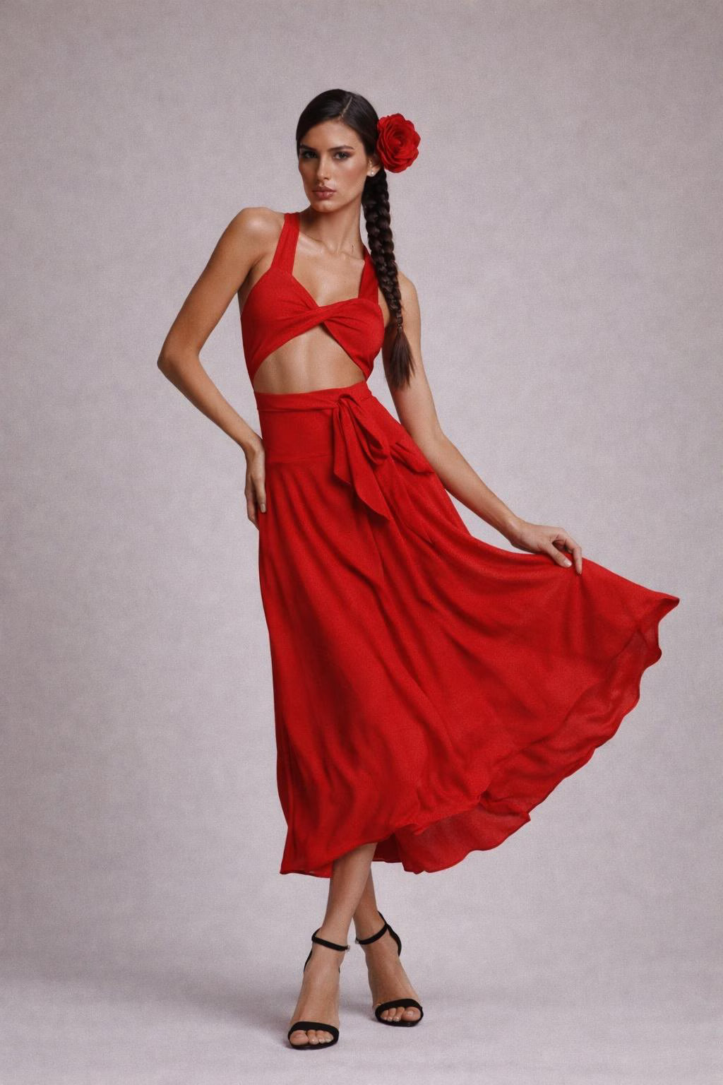 Twisted Bust Red Maxi Dress: Multi-Way USA Made Gown