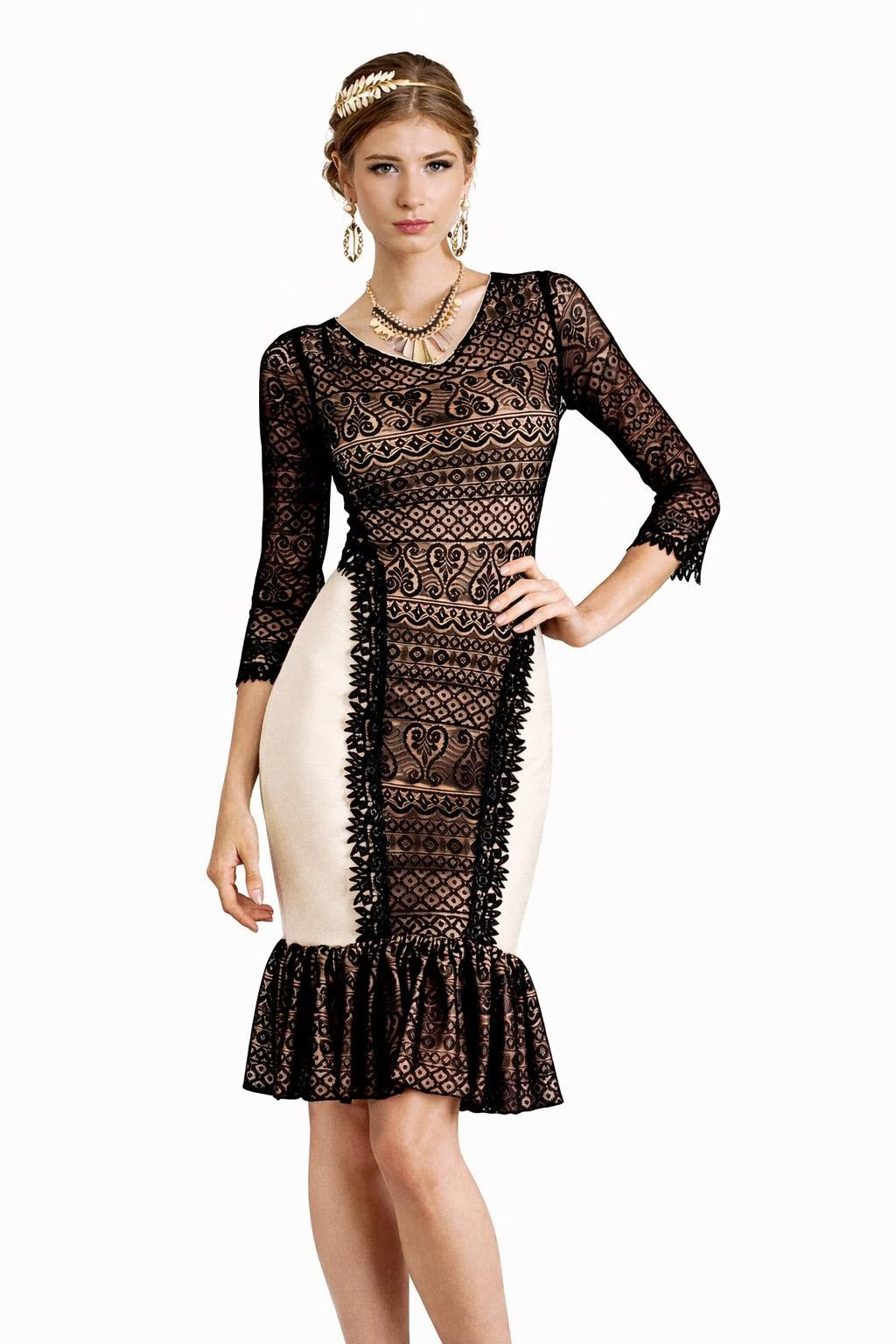 Black Lace Ruffle Hem Dress: Handmade USA, Size S