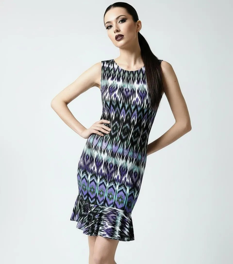 Tribal Print Mini Dress: Flounce Hem Bodycon Rayon Blend