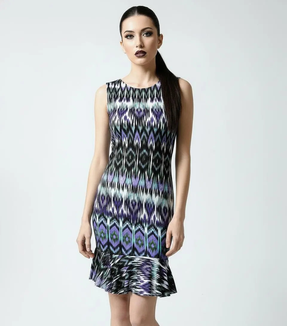 Tribal Print Mini Dress: Flounce Hem Bodycon Rayon Blend