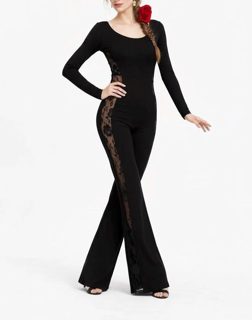 Black Lace Panel Jumpsuit – Long Sleeve Wide Leg Evening Outfit