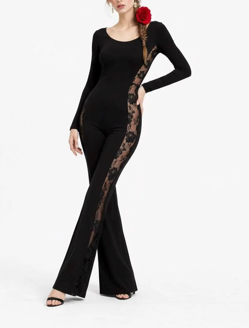 Black Lace Panel Jumpsuit – Long Sleeve Wide Leg Evening Outfit