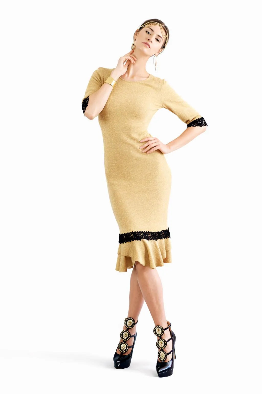 Gold Midi Dress - Black Lace Trim, Flounce Hem Cocktail Dress