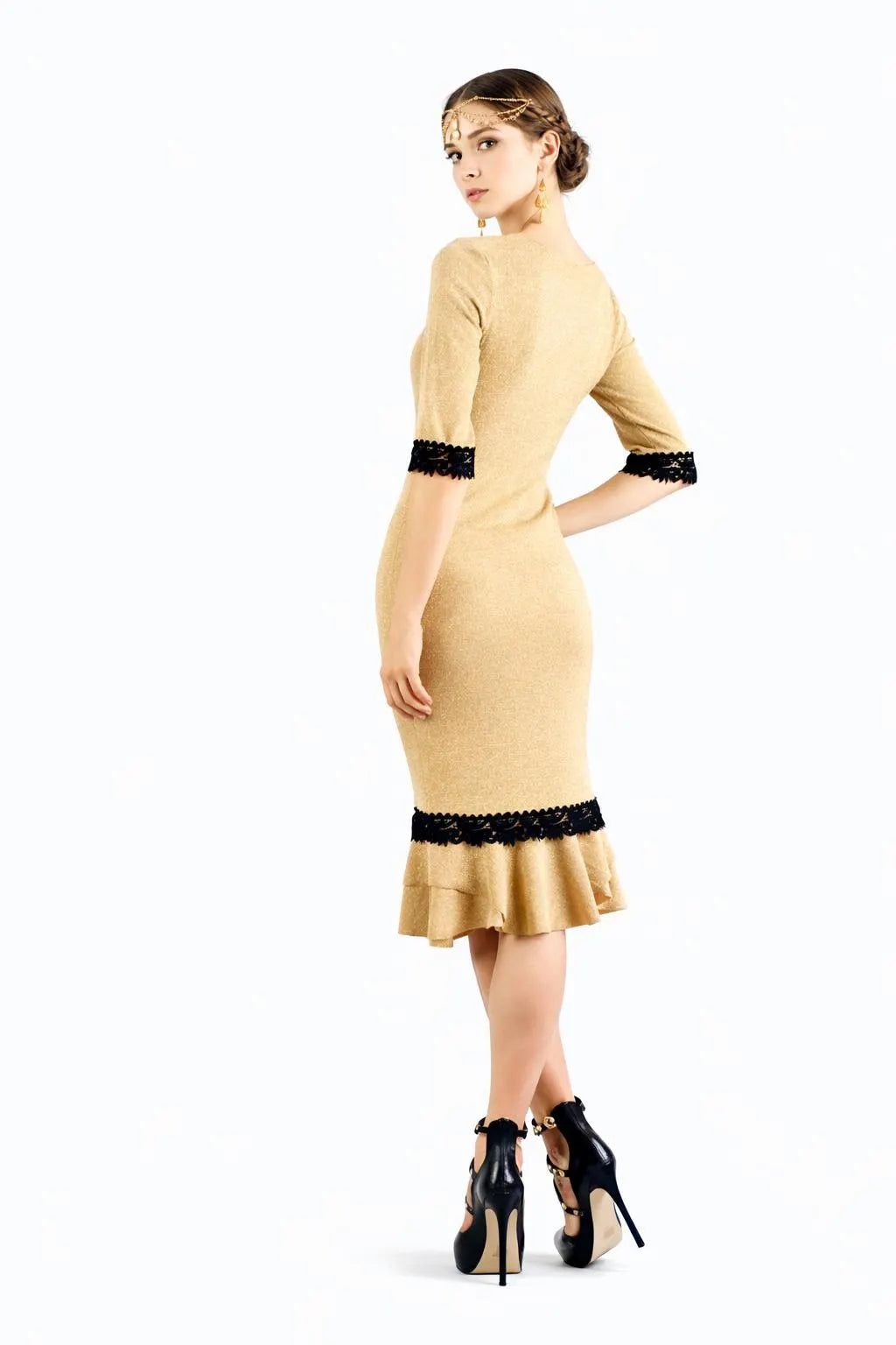 Gold Midi Dress - Black Lace Trim, Flounce Hem Cocktail Dress