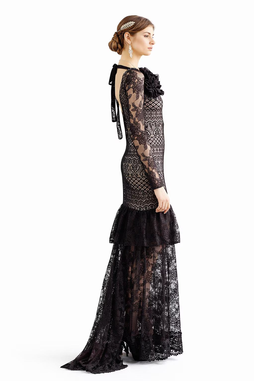 Black Lace Maxi Gown: Handmade Flamenco Ballroom Dress - Size Small