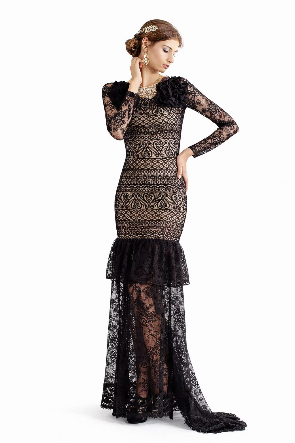 Black Lace Maxi Gown: Handmade Flamenco Ballroom Dress - Size Small