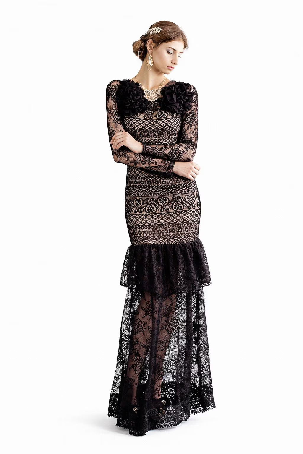 Black Lace Maxi Gown: Handmade Flamenco Ballroom Dress - Size Small
