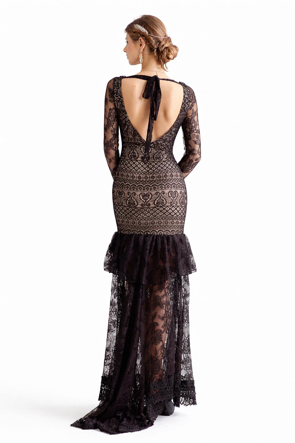 Black Lace Maxi Gown: Handmade Flamenco Ballroom Dress - Size Small