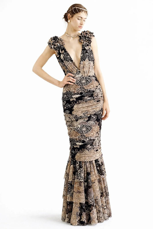 Emily Rosette Shoulder Ruffle Mermaid Gown-Size S/M