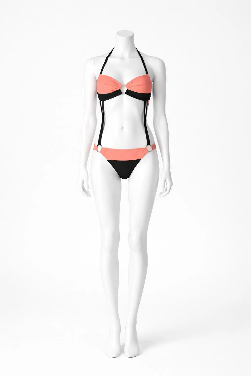 Ring Detail Bikini Set | Designer Cut-Out Swimsuit | Black & Coral Halter Bikini | Modern Resort Swimwear