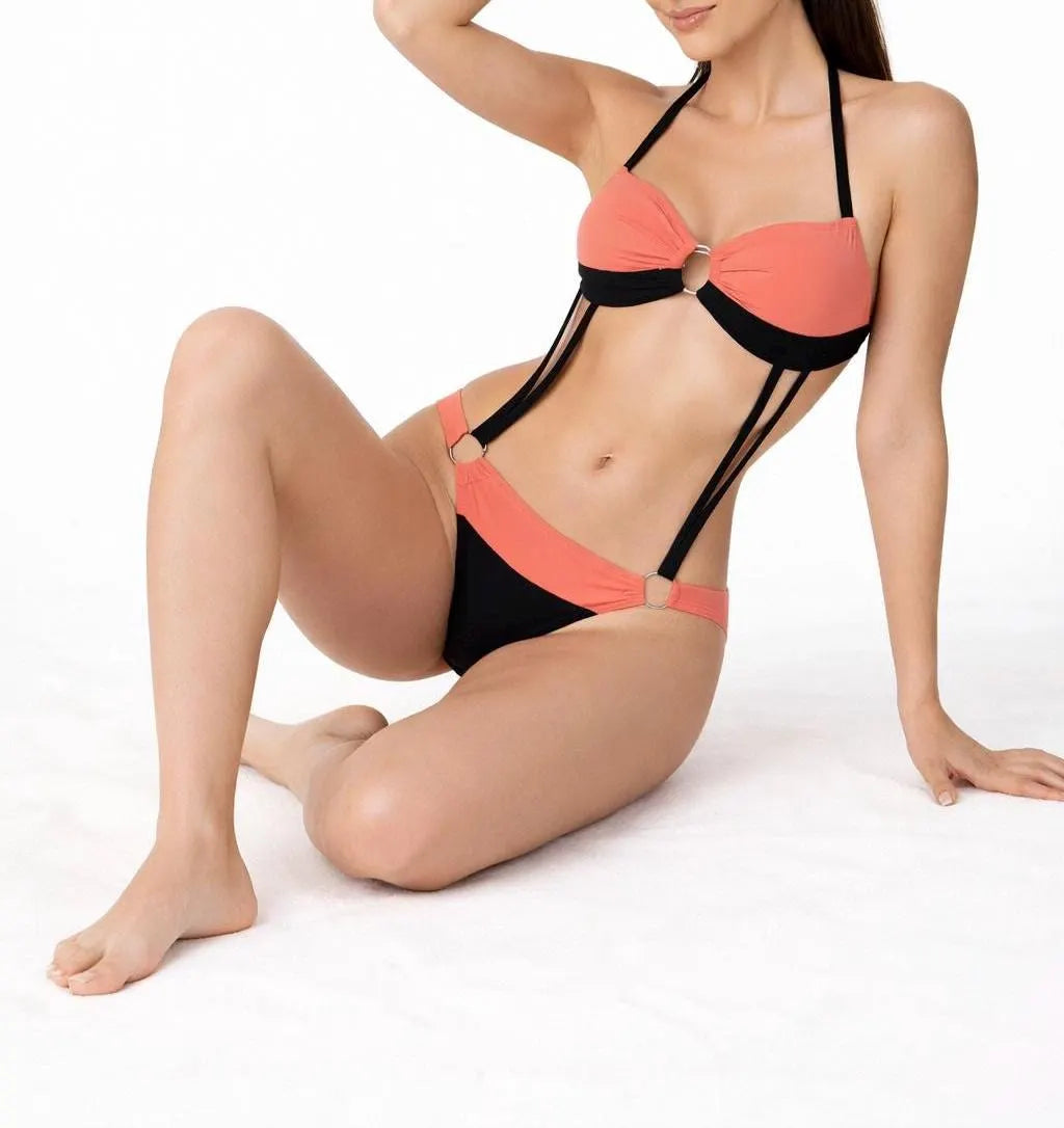 Ring Detail Bikini Set | Designer Cut-Out Swimsuit | Black & Coral Halter Bikini | Modern Resort Swimwear