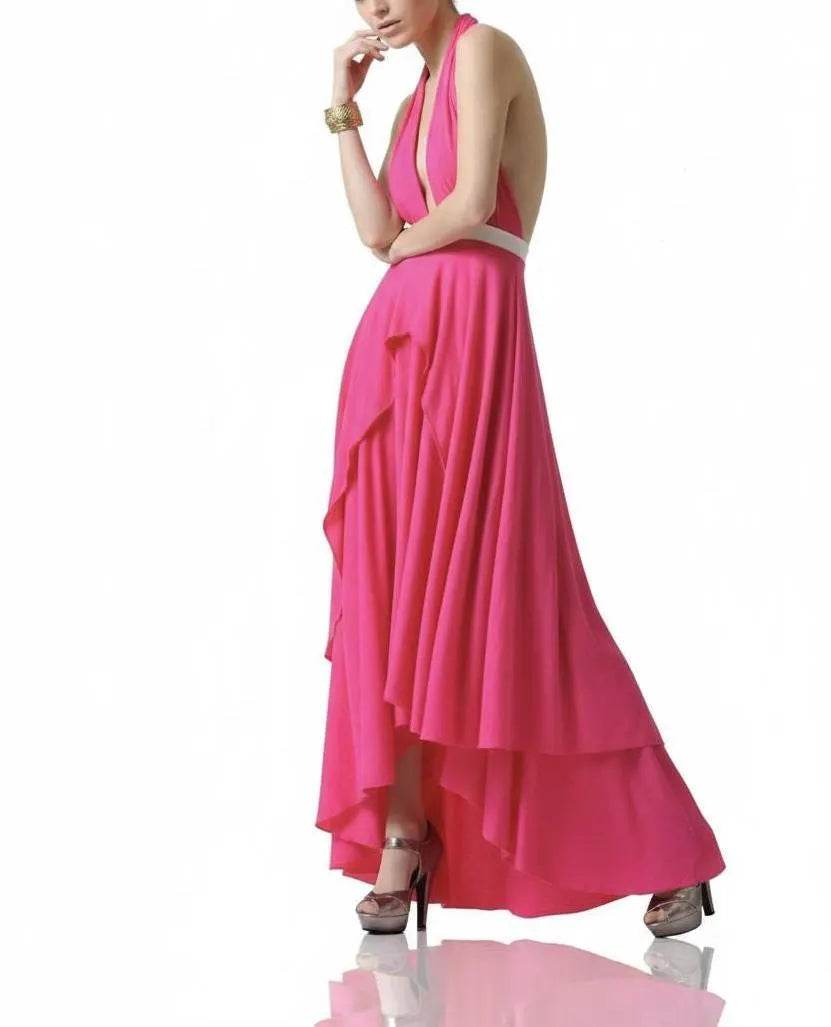 Pink Halter Maxi Dress with High-Low Ruffle Hem | Deep V Neck Evening Dress | Elegant Flowy Formal Gown | Resort & Event Wear