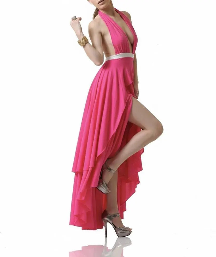 Pink Halter Maxi Dress with High-Low Ruffle Hem | Deep V Neck Evening Dress | Elegant Flowy Formal Gown | Resort & Event Wear