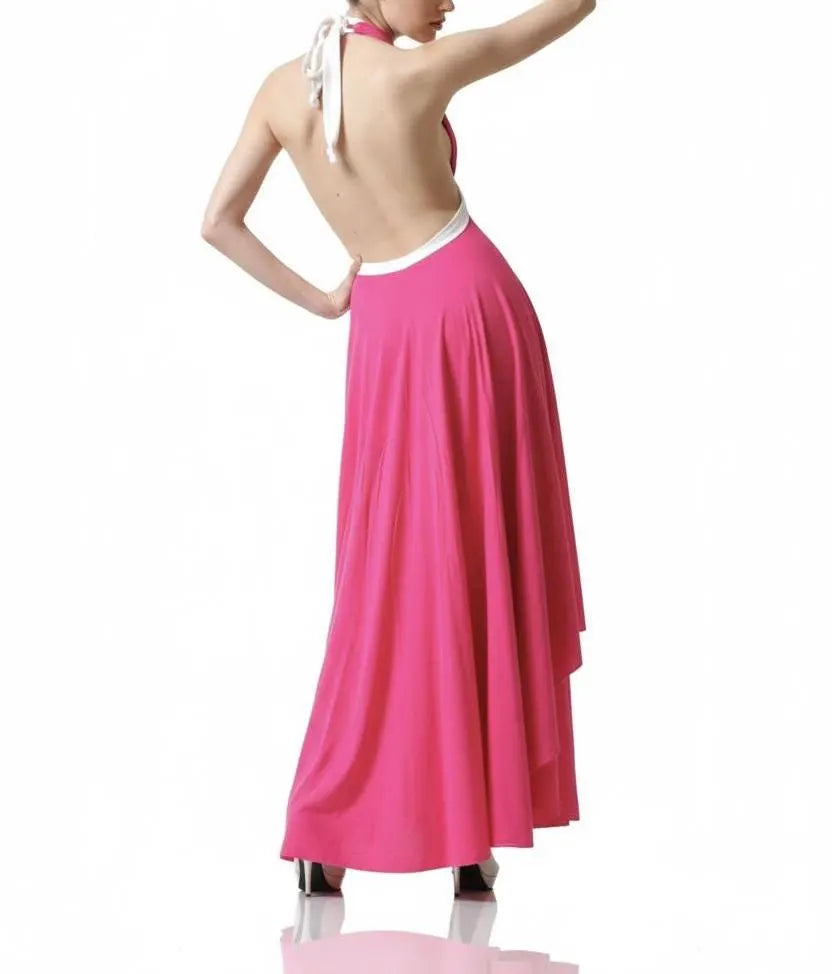 Pink Halter Maxi Dress with High-Low Ruffle Hem | Deep V Neck Evening Dress | Elegant Flowy Formal Gown | Resort & Event Wear
