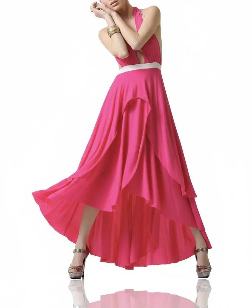 Pink Halter Maxi Dress with High-Low Ruffle Hem | Deep V Neck Evening Dress | Elegant Flowy Formal Gown | Resort & Event Wear