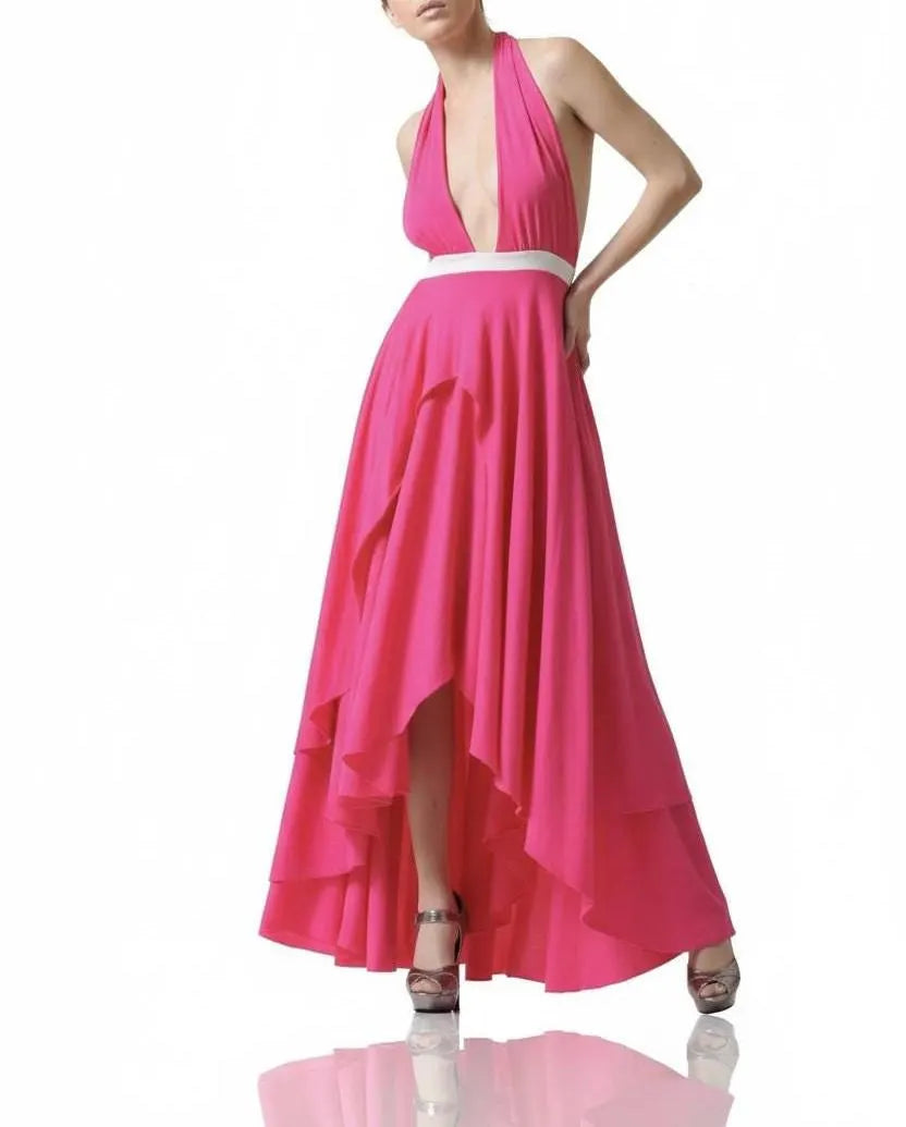 Pink Halter Maxi Dress with High-Low Ruffle Hem | Deep V Neck Evening Dress | Elegant Flowy Formal Gown | Resort & Event Wear