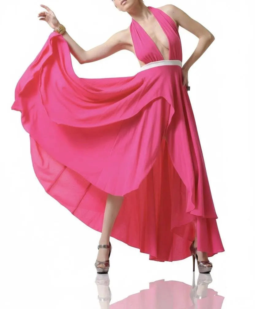 Pink Halter Maxi Dress with High-Low Ruffle Hem | Deep V Neck Evening Dress | Elegant Flowy Formal Gown | Resort & Event Wear