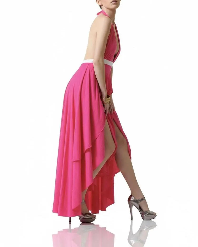 Pink Halter Maxi Dress with High-Low Ruffle Hem | Deep V Neck Evening Dress | Elegant Flowy Formal Gown | Resort & Event Wear